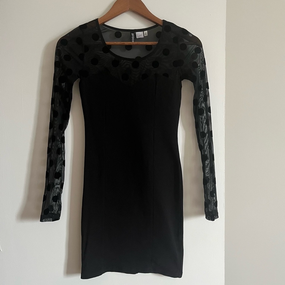 Black mini dress with mesh polkadot long sleeves